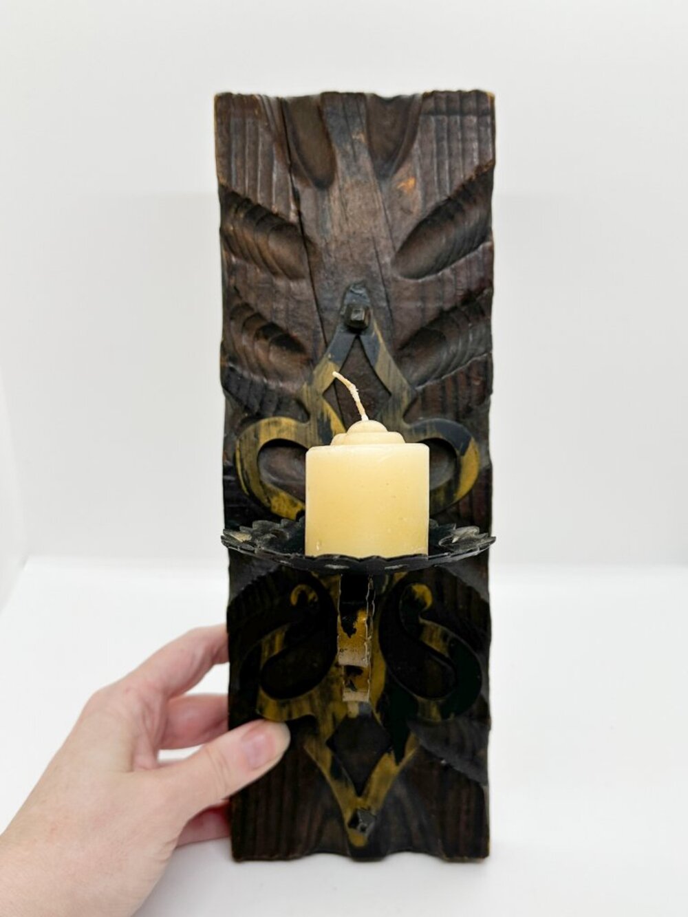 Vtg Carved Wood Metal Wall Sconce Candle Spain Medieval Gothic Boho Witchy